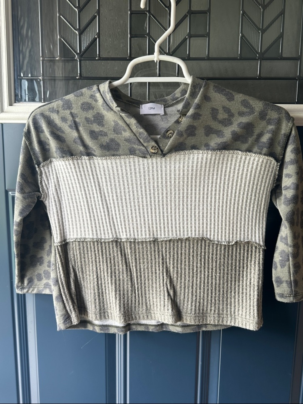 Girls' Olive Leopard & Cream Colorblock Ribbed Top